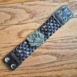 Leather Braided Cuff Bracelet w/ Rhinestone Flower